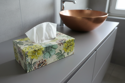 Handmade Wooden Tissue Box Cover – Decorative Tissue Holder – Floral Gray Bathroom Decor – Elegant Home Organizer