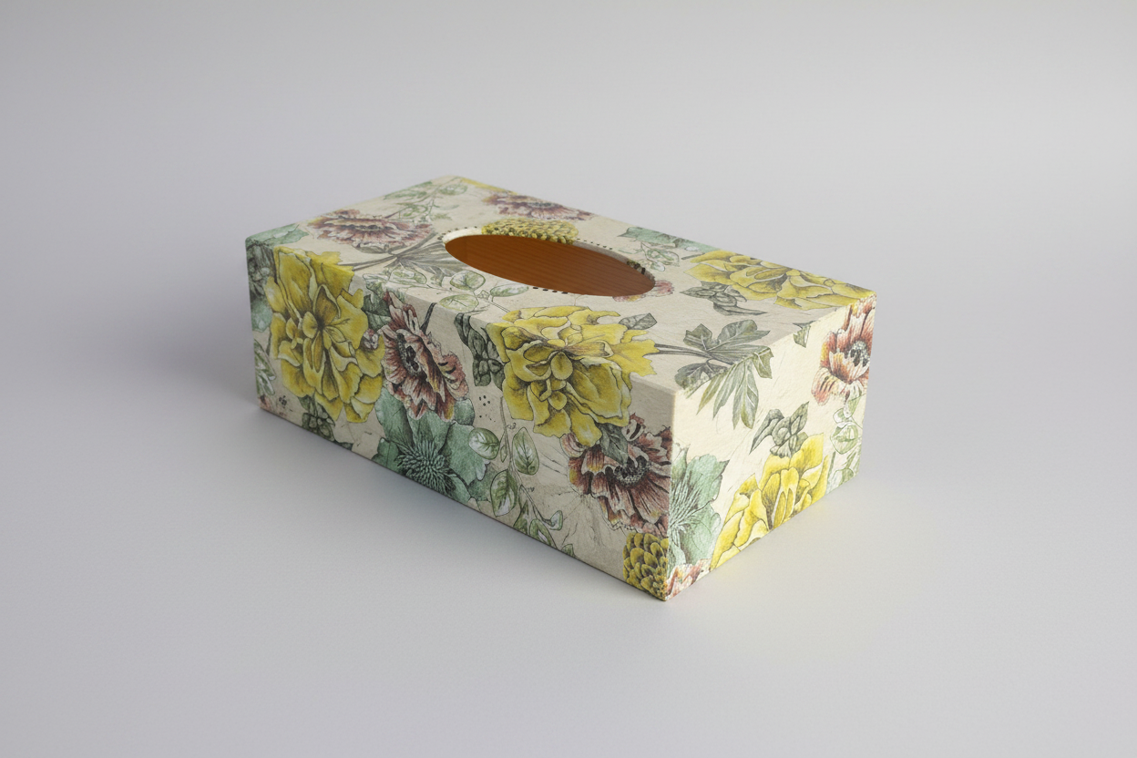 Handmade Wooden Tissue Box Cover – Decorative Tissue Holder – Floral Gray Bathroom Decor – Elegant Home Organizer