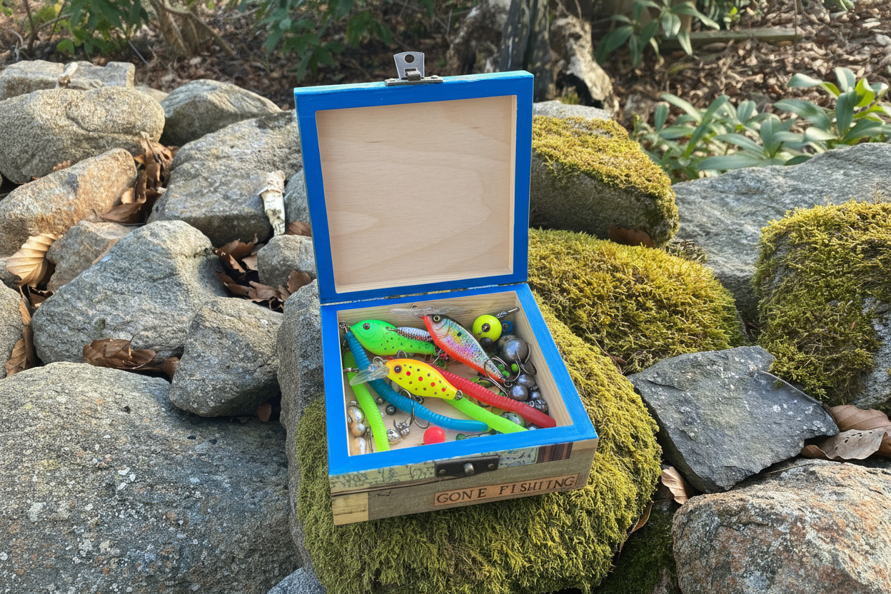 Drewniane pudełko wędkarskie handmade, pojemnik na przynęty