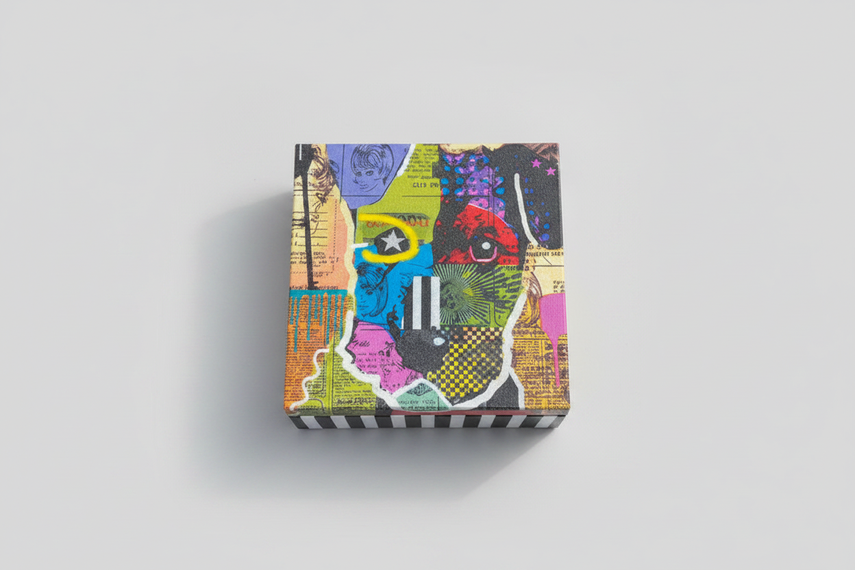 Drewniane pudełko pop-art – ręcznie zdobione, kolorowe, nowoczesna dekoracja i prezent