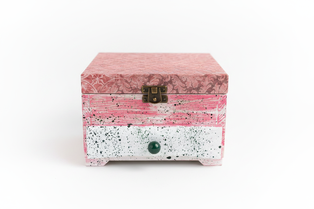 Drewniane, ręcznie zdobione pudełko na biżuterię, organizer na biżuterię, Shabby Chic decor