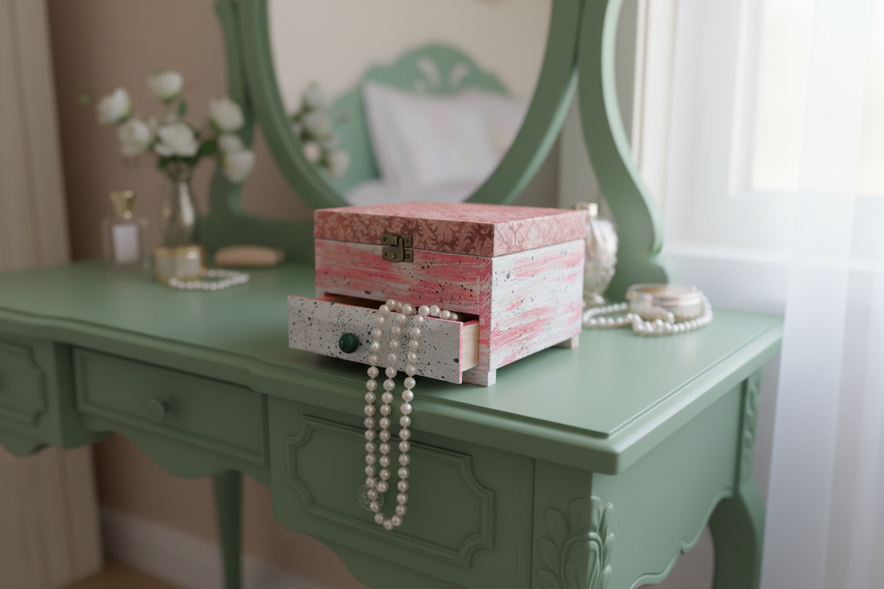 Drewniane, ręcznie zdobione pudełko na biżuterię, organizer na biżuterię, Shabby Chic decor