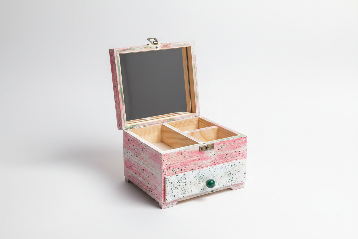 Drewniane, ręcznie zdobione pudełko na biżuterię, organizer na biżuterię, Shabby Chic decor