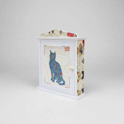 Handmade Wooden Key Holder Cabinet – Wall Key Organizer – Decorative Key Box – Cat Design Home Decor