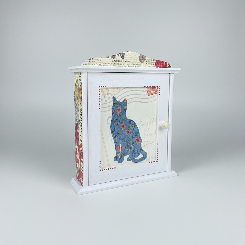 Handmade Wooden Key Holder Cabinet – Wall Key Organizer – Decorative Key Box – Cat Design Home Decor