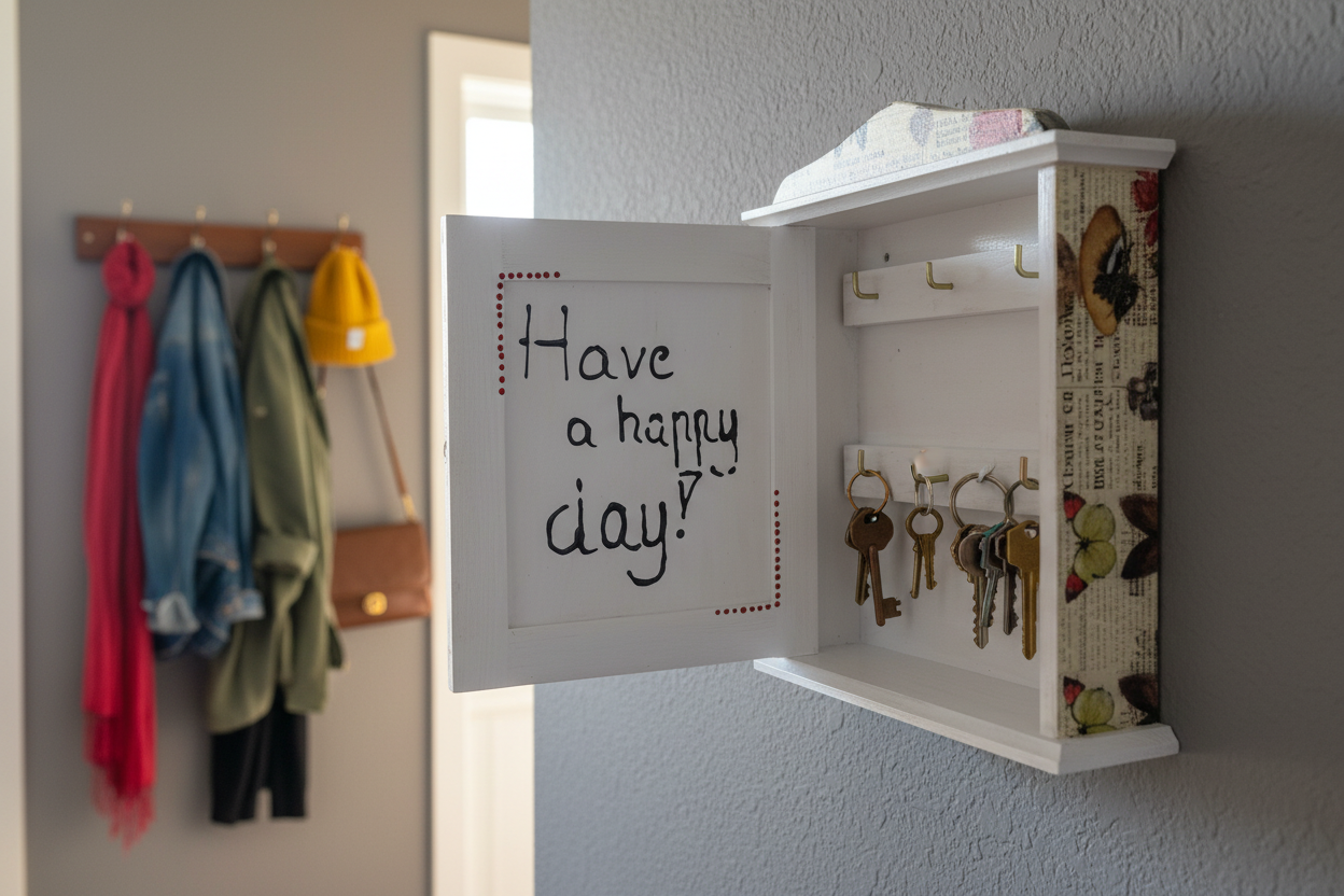 Handmade Wooden Key Holder Cabinet – Wall Key Organizer – Decorative Key Box – Cat Design Home Decor